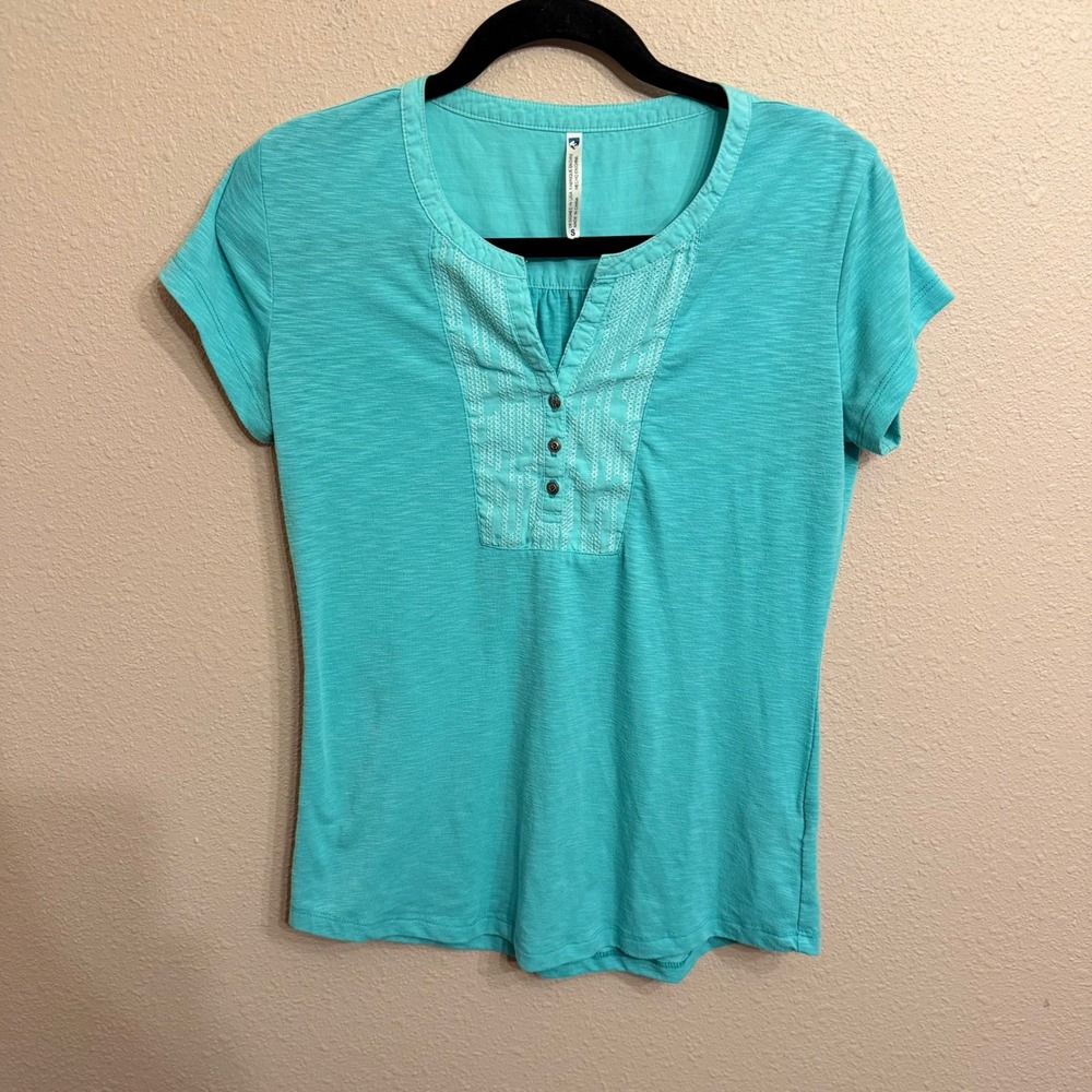 Kuhl Womens Turquoise Slub Knit Embroidered Henley Short Sleeve Top Size S